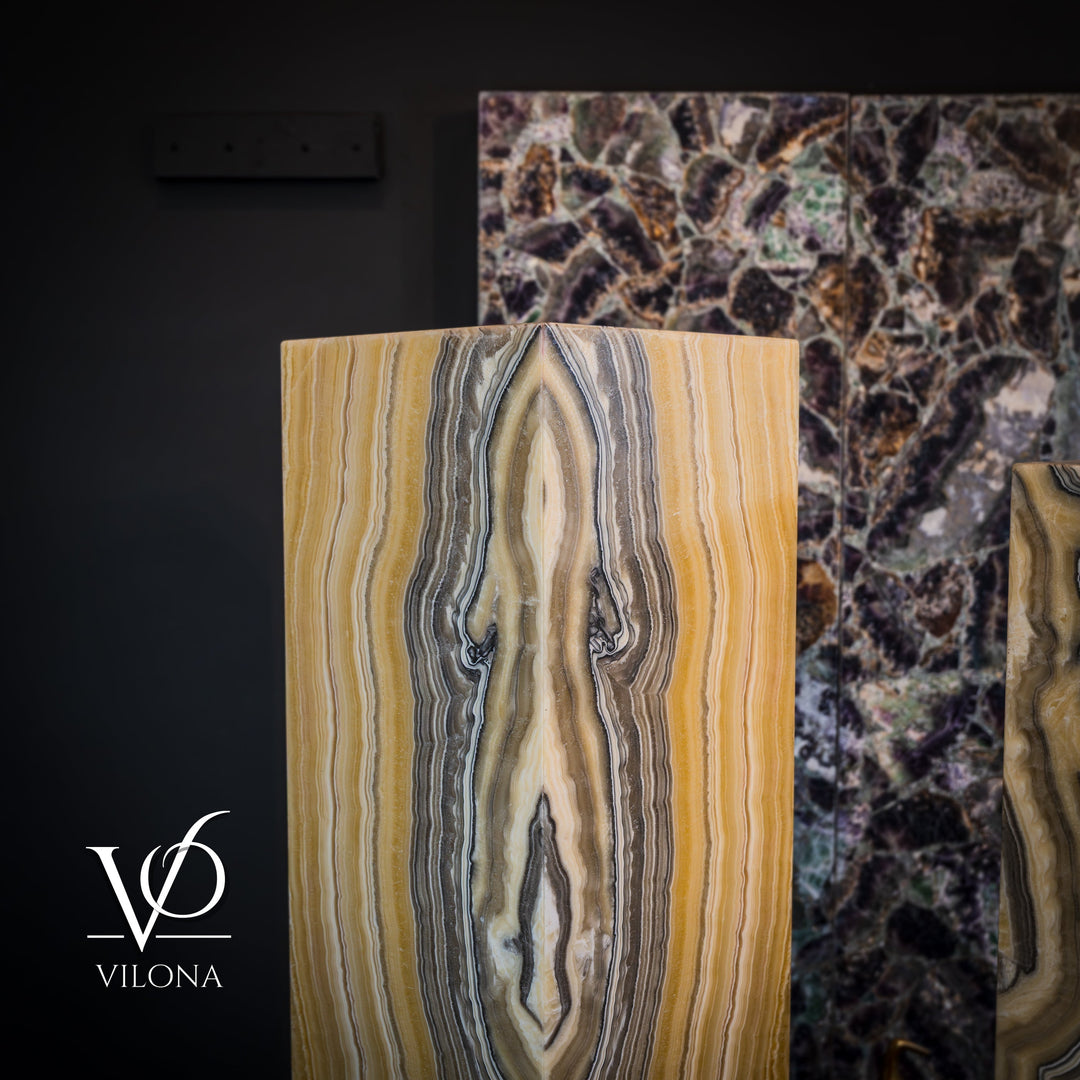 Square onyx floor lamp front view with vertical golden, white, and gray striations