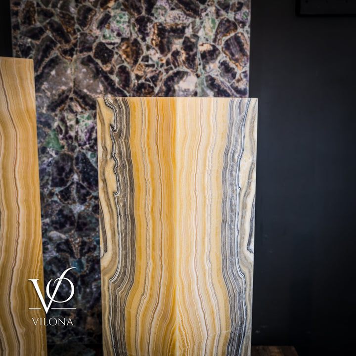 Square onyx floor lamp, tall rectangular stone block with golden and gray veining