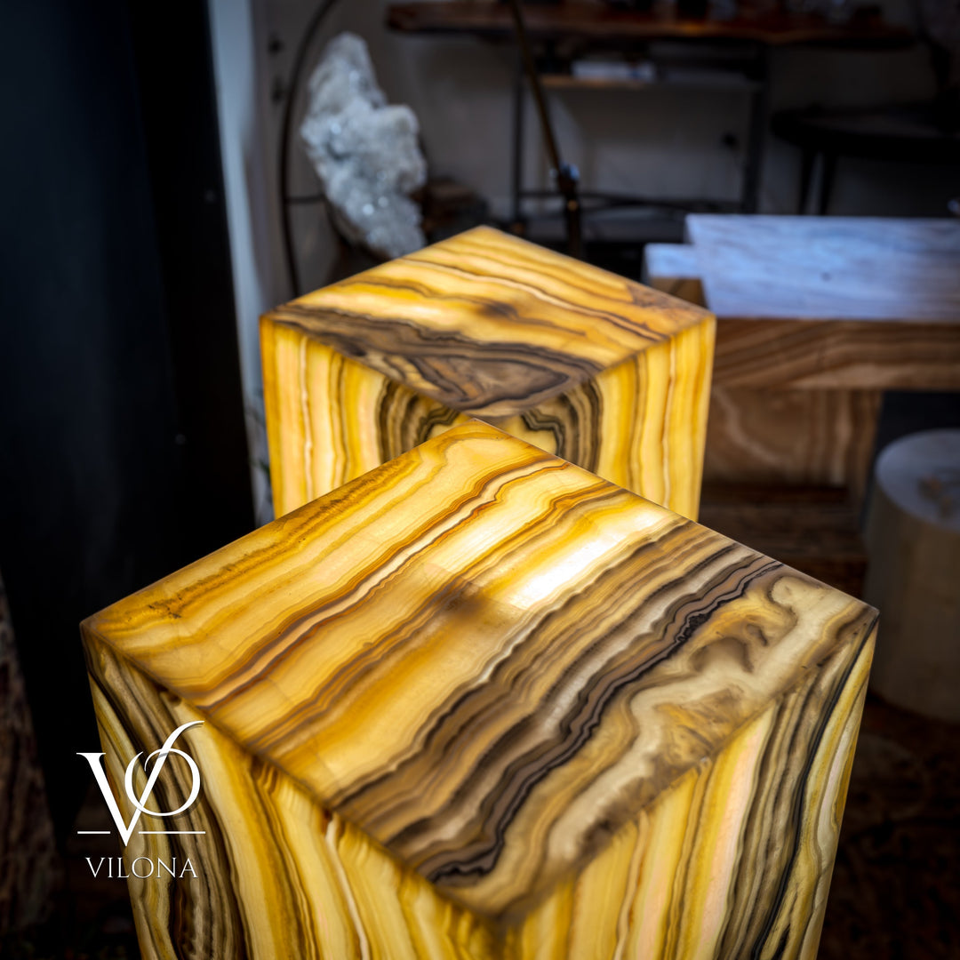 Square onyx floor lamp set, golden yellow and brown striped stone blocks
