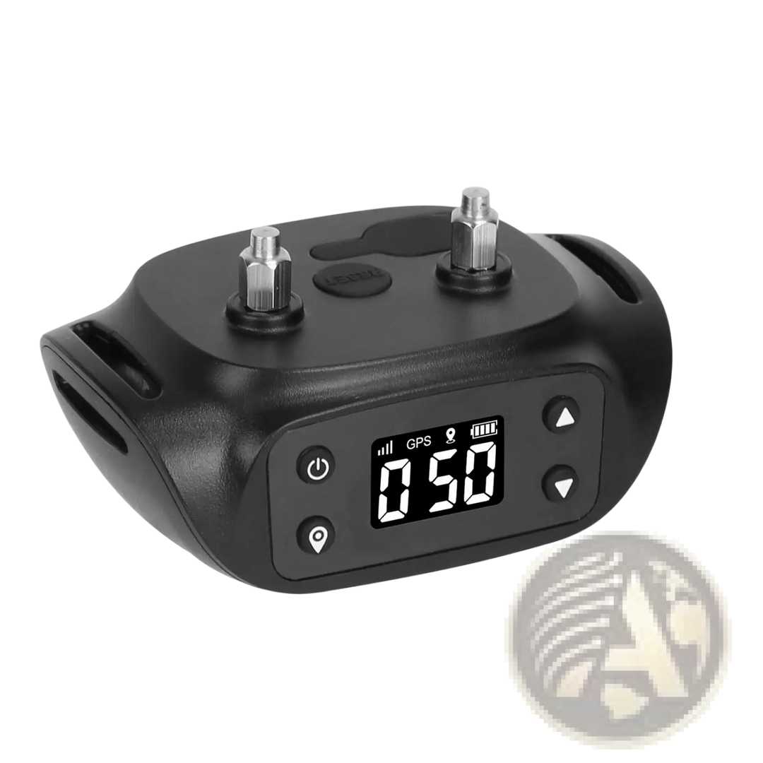 Black GPS tracker receiver with LCD display and three metal charging posts