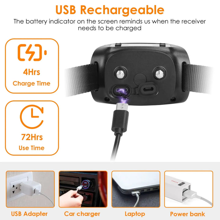 USB-rechargeable GPS receiver with charging cable and battery-time indicators