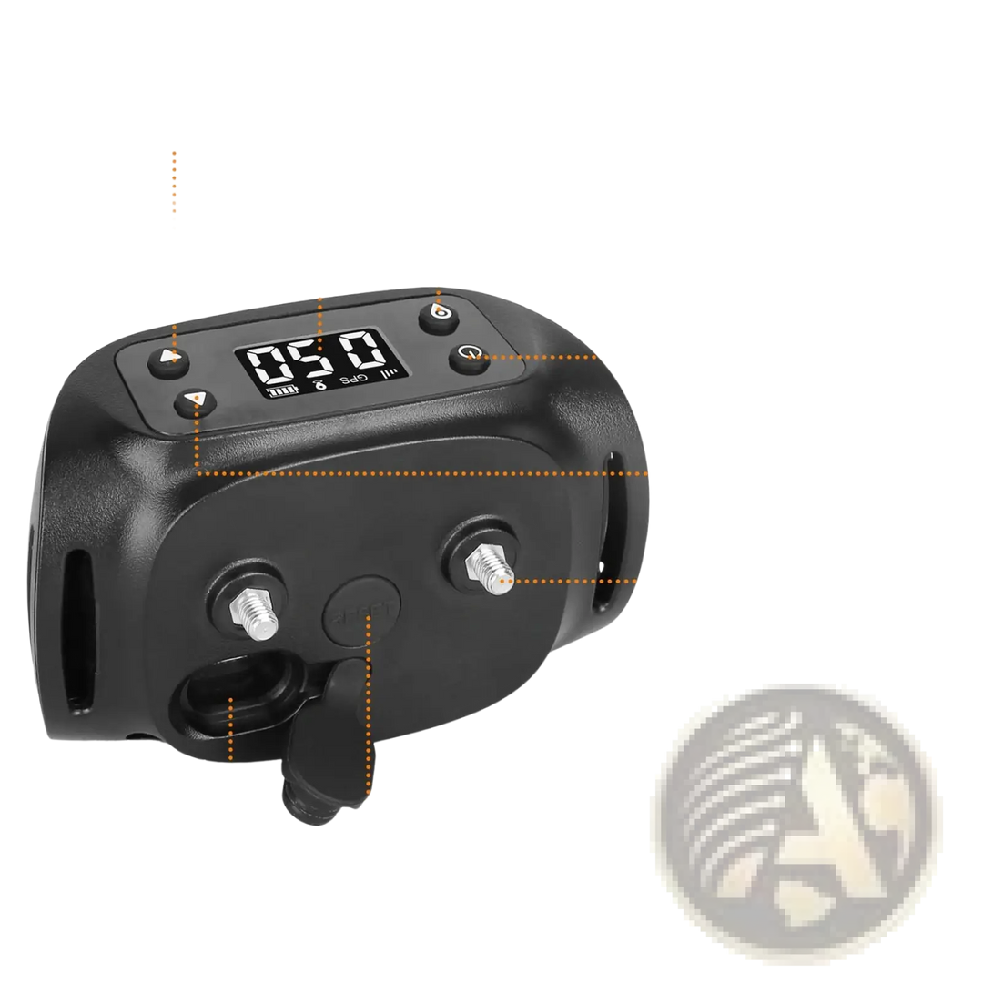 Black GPS tracker receiver with LCD screen, buttons, and orange-and-black strap