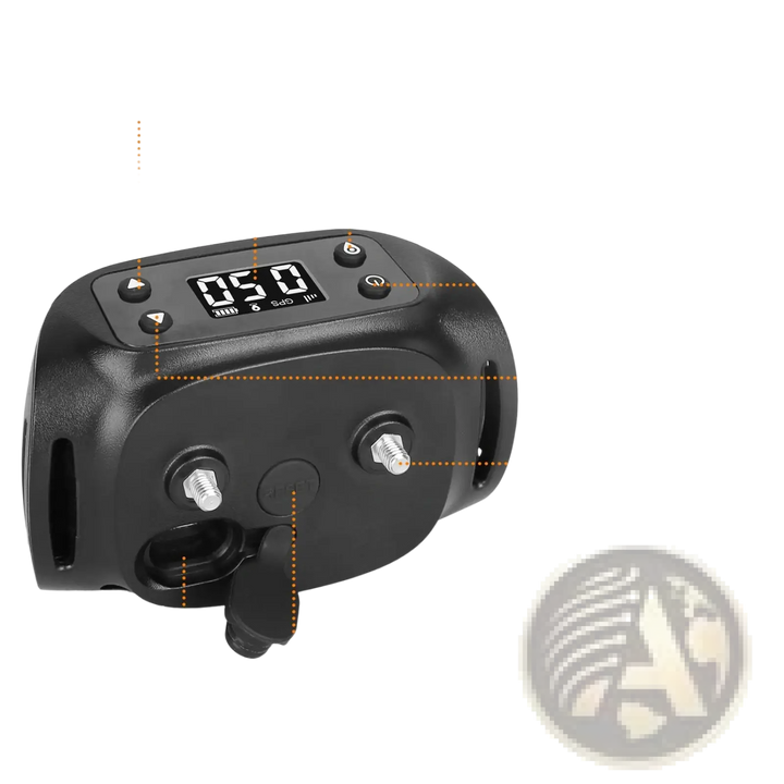 Black GPS tracker receiver with LCD screen, buttons, and orange-and-black strap