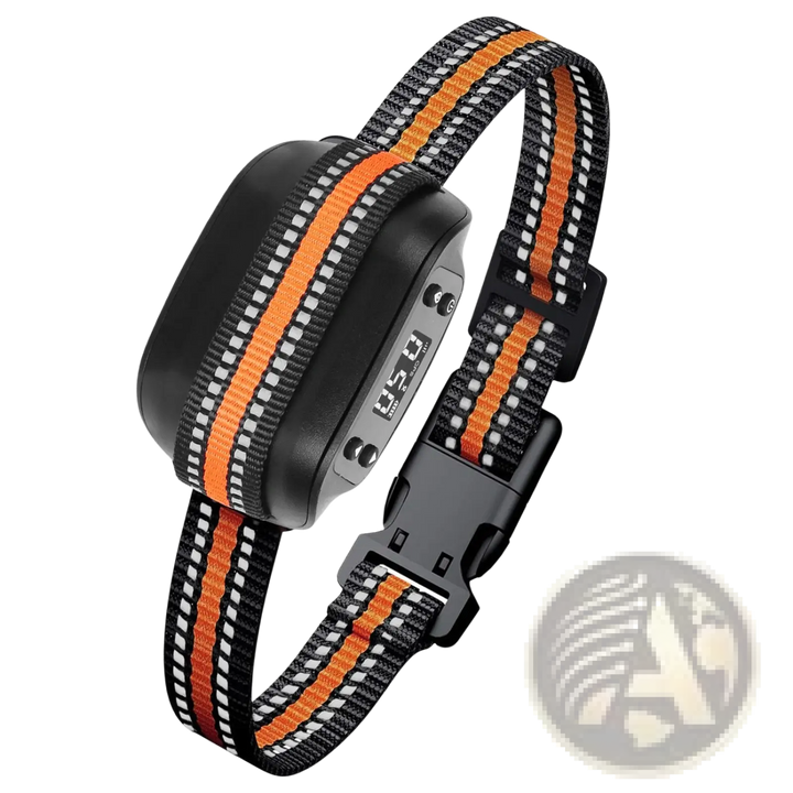 Orange-and-black striped waterproof dog tracker collar with round GPS receiver module