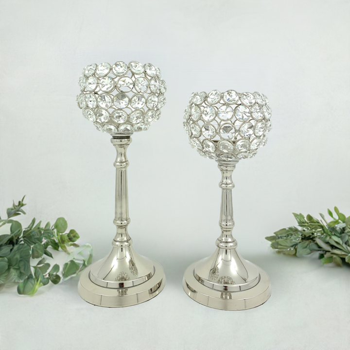 Set of 2 silver crystal hurricane candle holders with round beaded glass shades