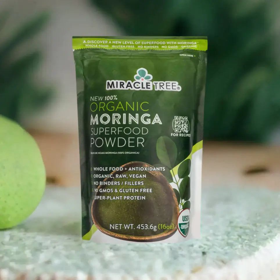 Miracle Tree organic moringa superfood powder pouch, standing front label