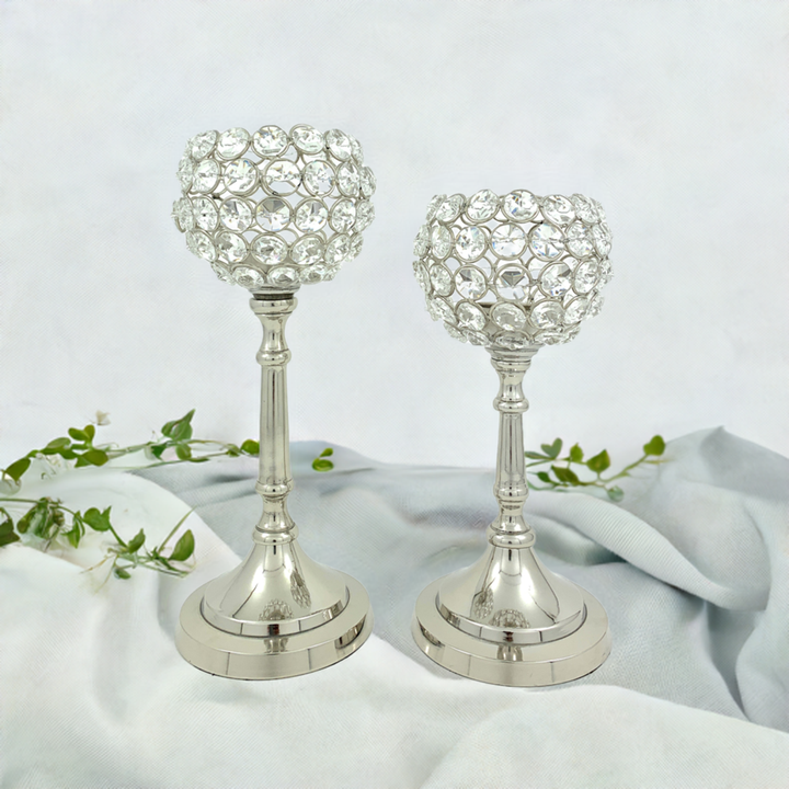 Pair of silver crystal hurricane candle holders with faceted beaded glass domes