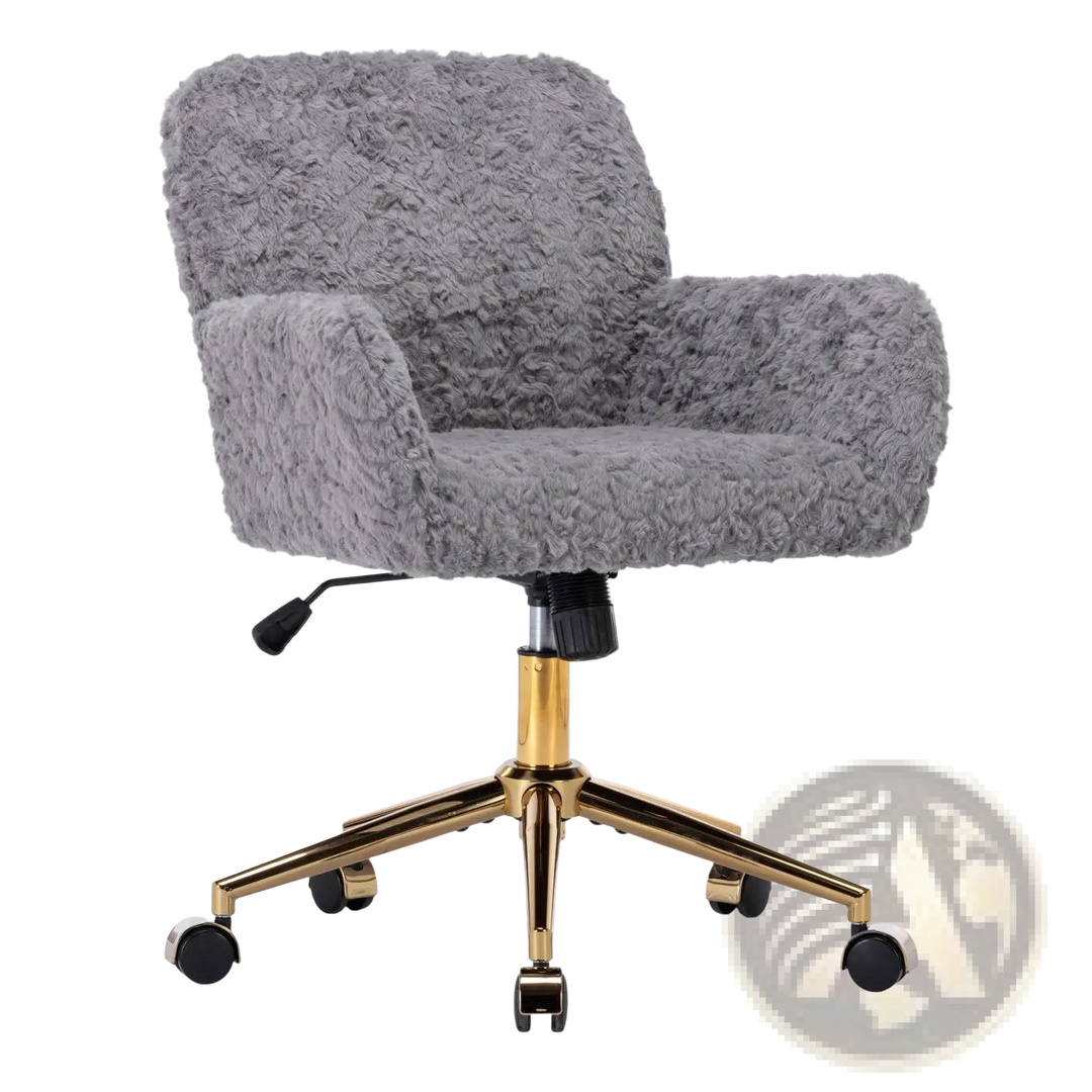 Gray Faux Fur Office Chair with Gold Metal Base