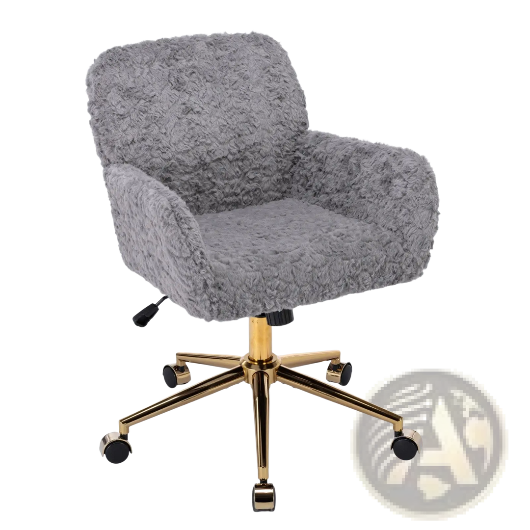 Gray Faux Fur Office Chair with Gold Metal Base