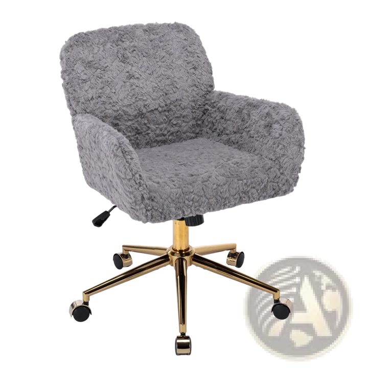 Gray Faux Fur Office Chair with Gold Metal Base