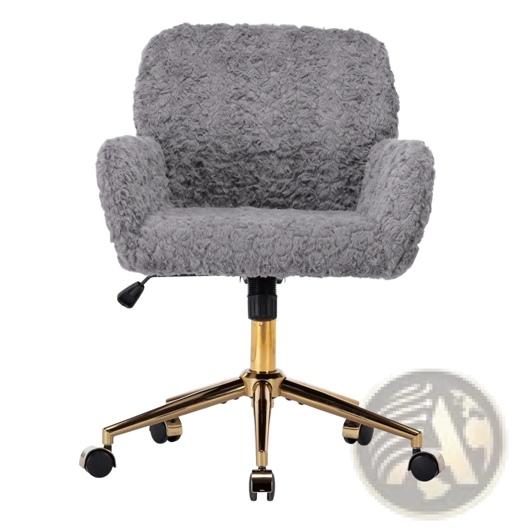 Gray Faux Fur Office Chair with Gold Metal Base