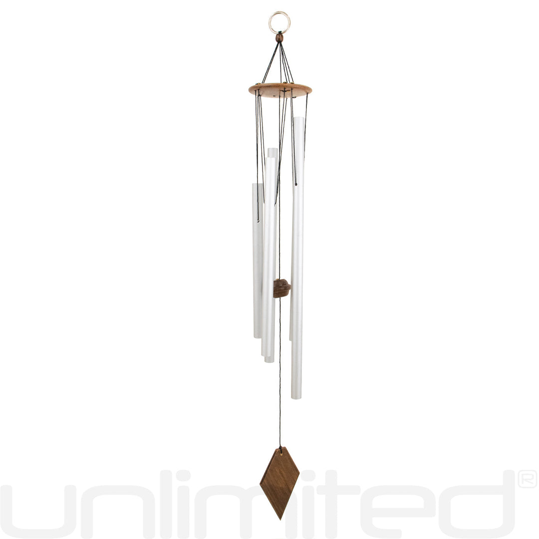 Om sound healing wind chime with four silver metal tubes and a wooden Om charm