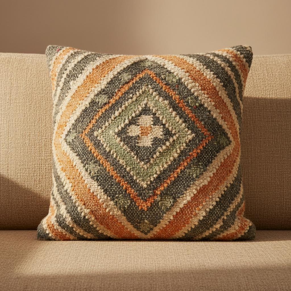 Hand Woven Boho Rust and Charcoal Jute and Wool Tribal Accent  Pillow, Cushion | PL11