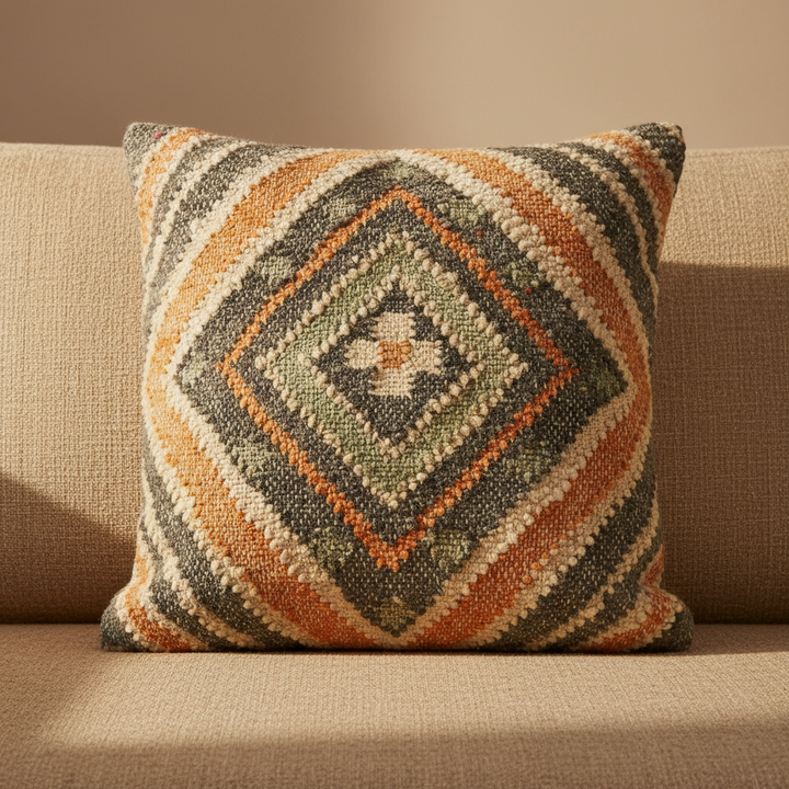 Hand Woven Boho Rust and Charcoal Jute and Wool Tribal Accent  Pillow, Cushion | PL11