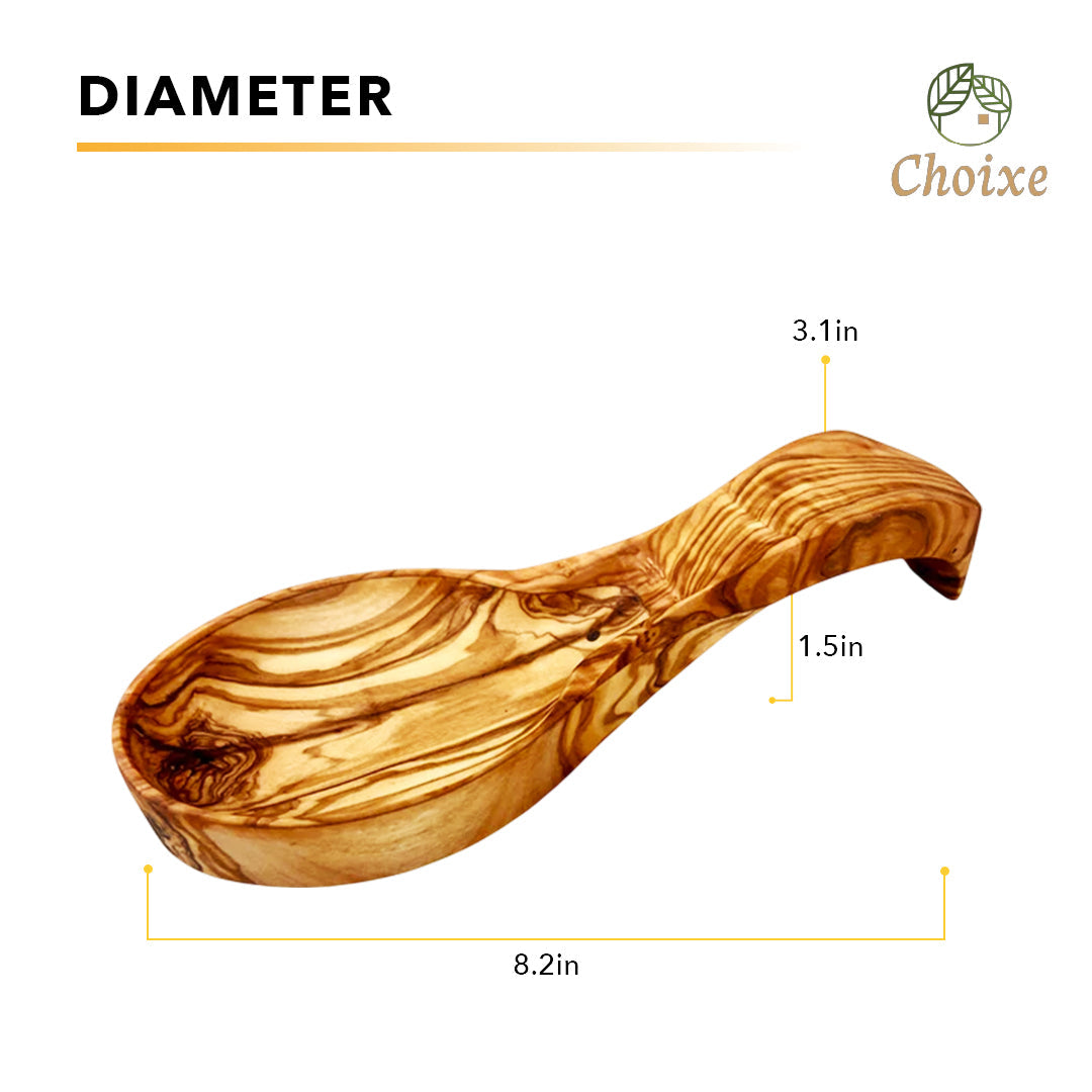 Olive wood spoon rest with oval bowl and sculpted handle; size markers shown