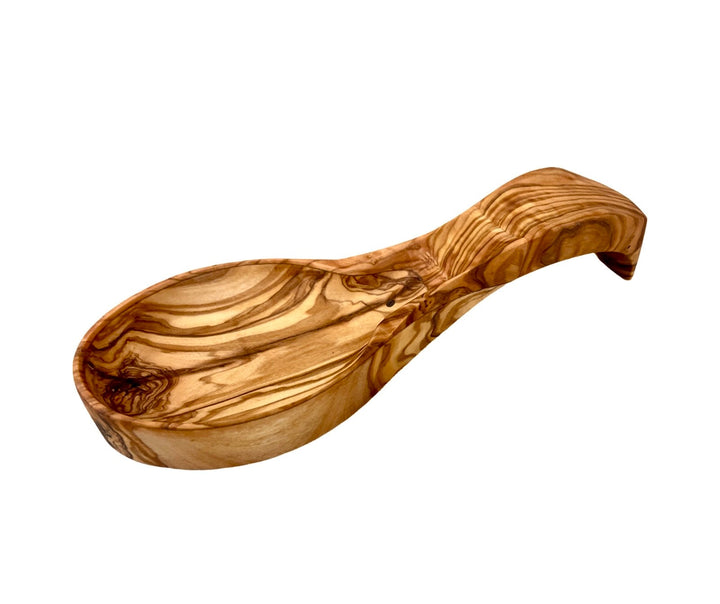 Carved olive wood spoon rest with organic oval bowl and tapered handle