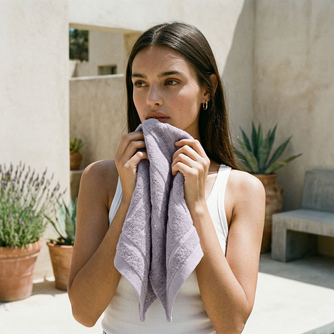 Lavender cotton washcloth held to face, terry texture with striped pattern.