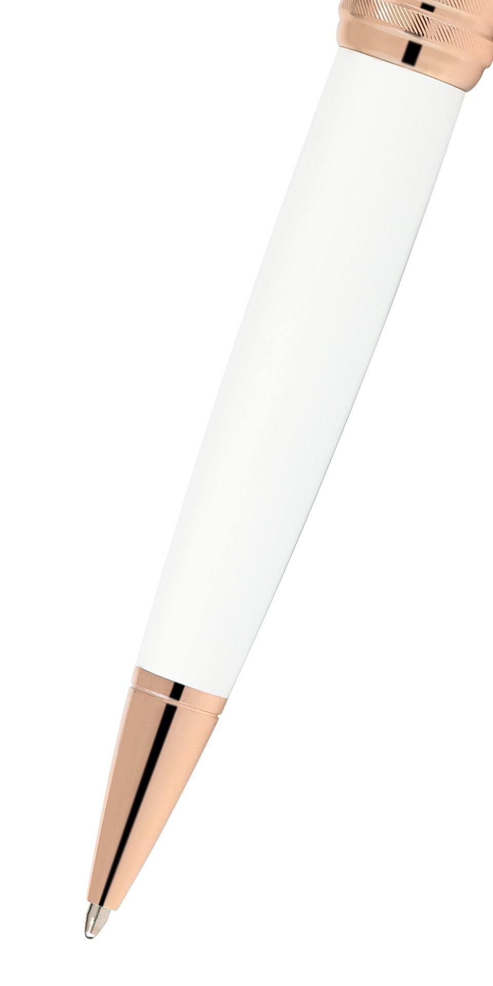 Pearlescent white ballpoint pen with rose-gold barrel and metal ballpoint tip