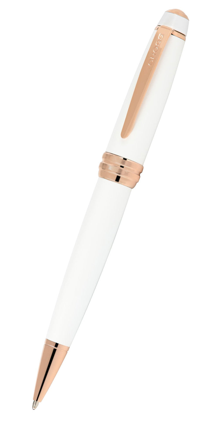 Bailey™ pearlescent white ballpoint pen with rose-gold clip and metal tip