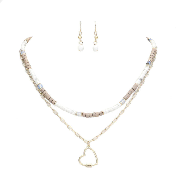 Heart Pendant Wood Natural Stone Double Layered Jewelry Set