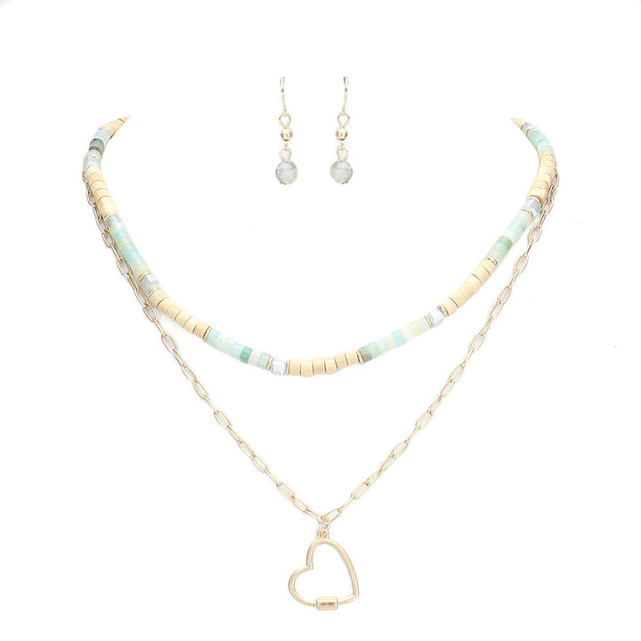 Heart Pendant Wood Natural Stone Double Layered Jewelry Set