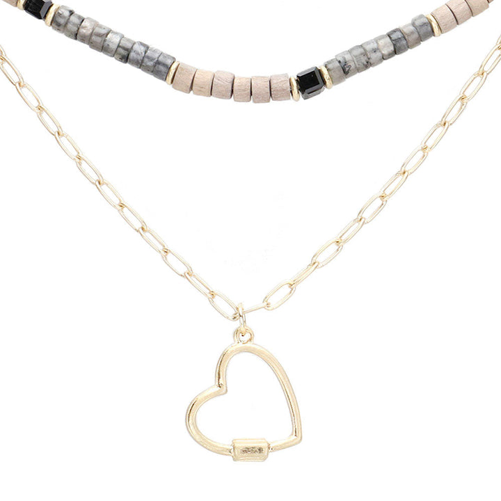 Heart Pendant Wood Natural Stone Double Layered Jewelry Set