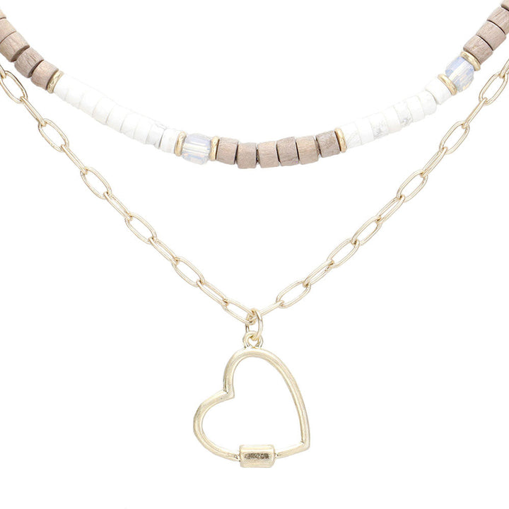 Heart Pendant Wood Natural Stone Double Layered Jewelry Set