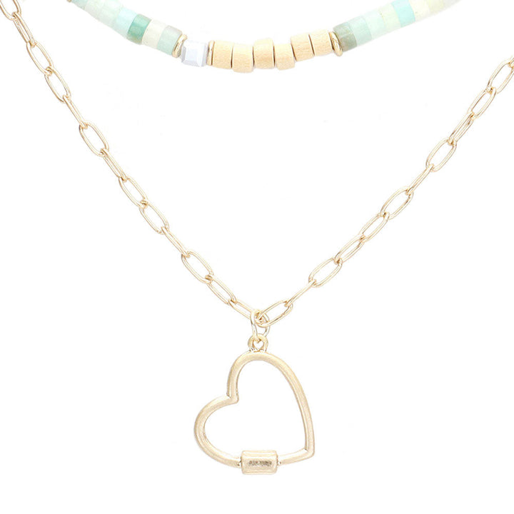 Heart Pendant Wood Natural Stone Double Layered Jewelry Set