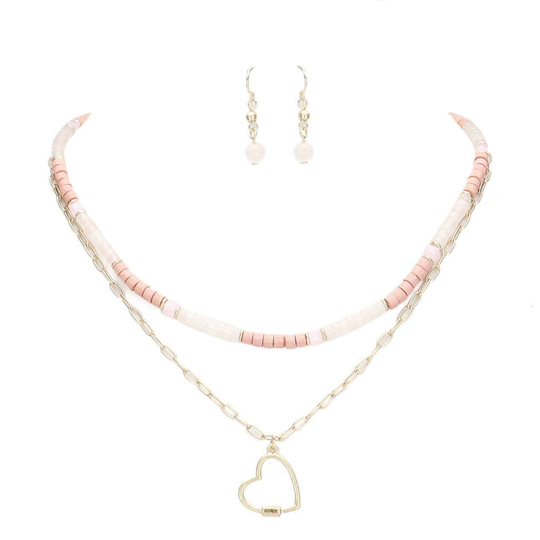Heart Pendant Wood Natural Stone Double Layered Jewelry Set