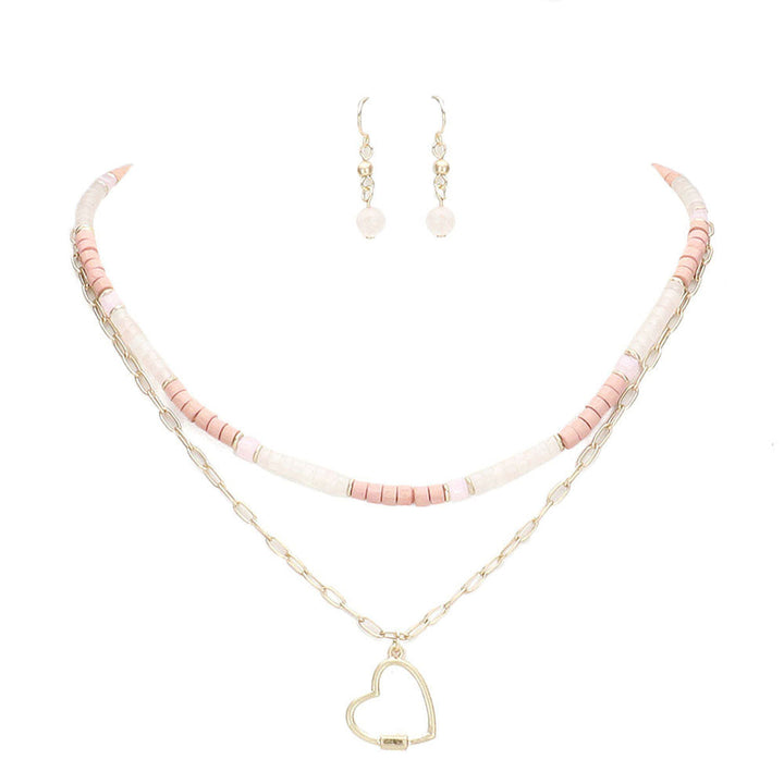 Heart Pendant Wood Natural Stone Double Layered Jewelry Set