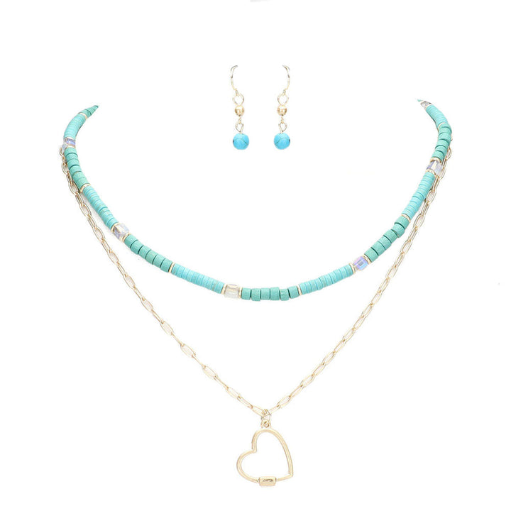 Heart Pendant Wood Natural Stone Double Layered Jewelry Set