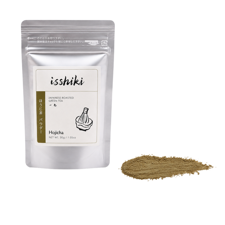 Roasted green tea powder pouch, labeled Hojicha, silver foil bag with net weight 30 g
