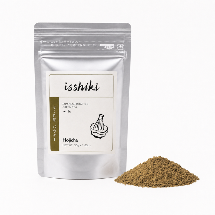 Hojicha roasted green tea powder pouch with scoop icon, silver foil, 30 g