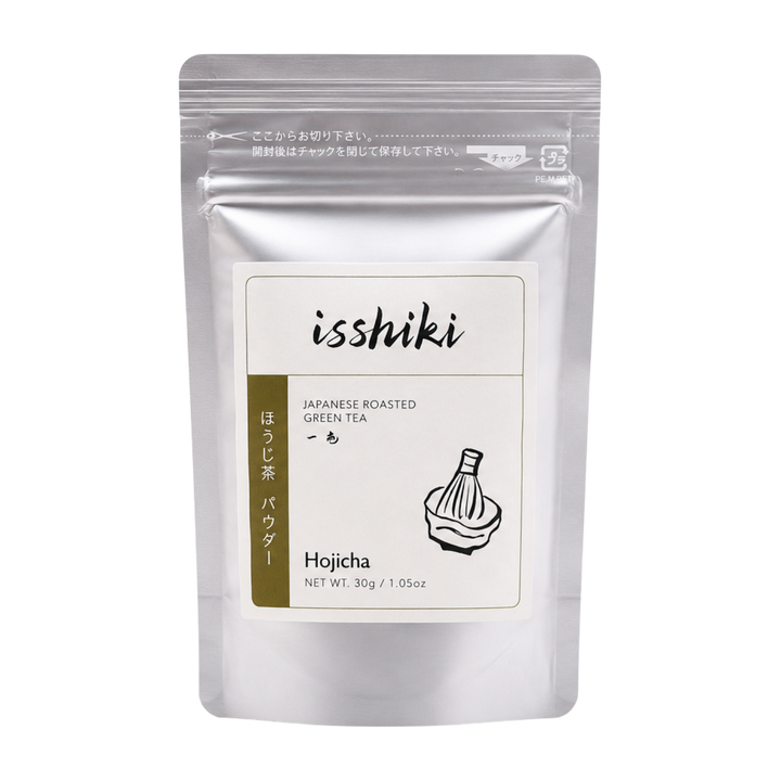 Hojicha roasted green tea powder pouch with front label and whisk bottle illustration