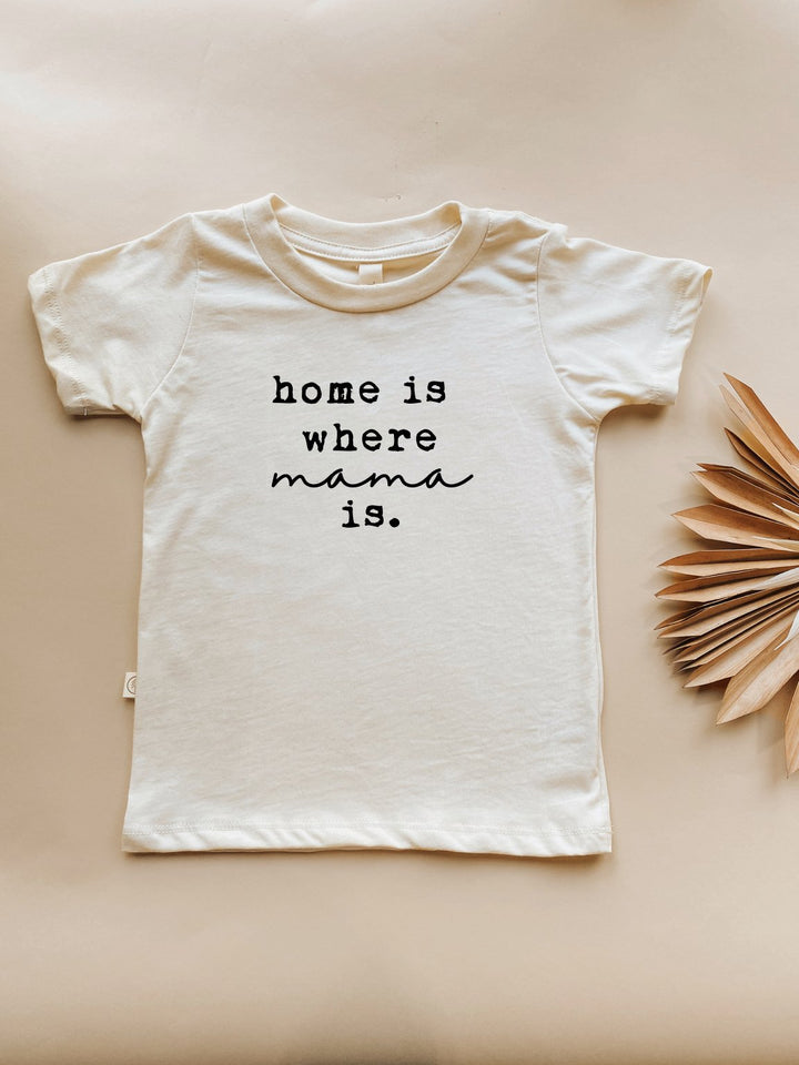 Kids cream crew-neck T-shirt with "home is where mama is" text on front