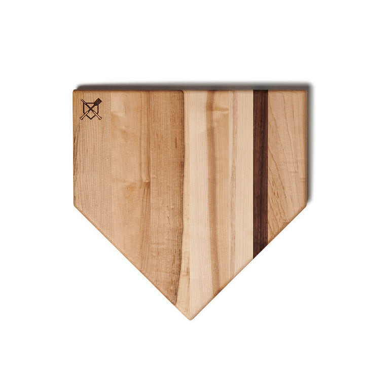 Home plate cutting board, light wood with dark stripe and engraved crossed logo