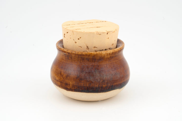 Mini corked jar with amber-brown glazed body and cork stopper