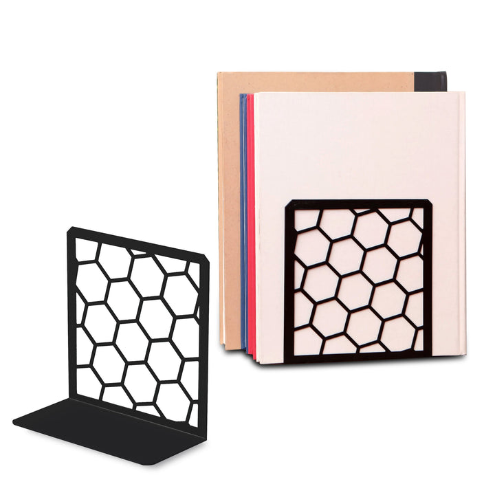 Black honeycomb metal bookend with open hexagon pattern and flat base.