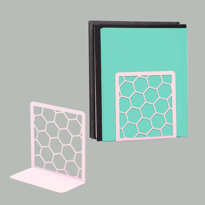 Turquoise and pink honeycomb metal bookends with open hexagon pattern, two-piece set.