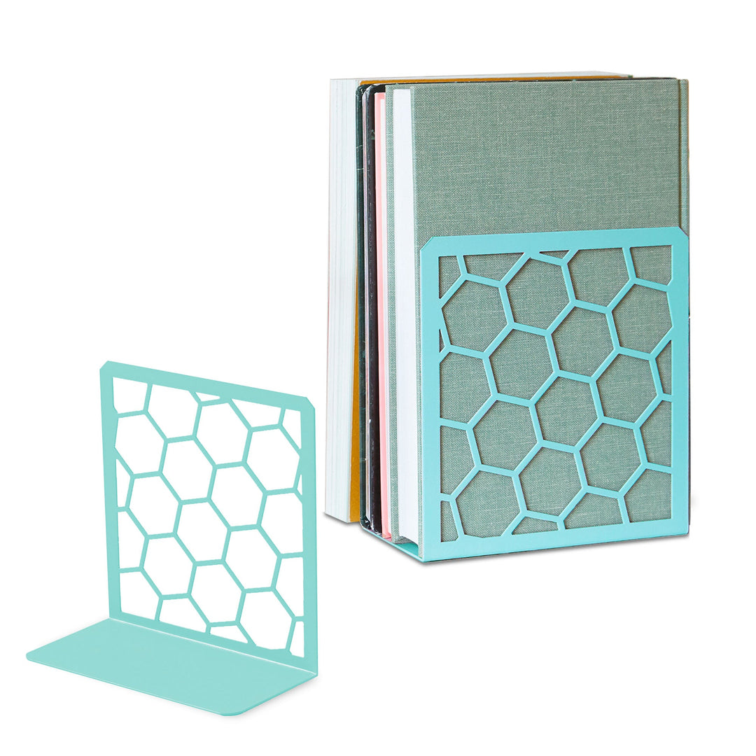 Turquoise honeycomb metal bookend with open hexagon pattern and flat base.