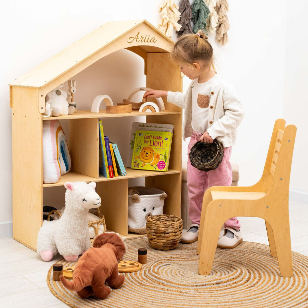 Wood dollhouse bookcase with arched top, toys inside, personalized "Aria"
