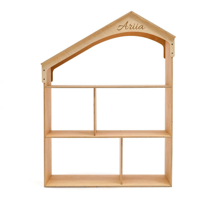 Wood dollhouse bookcase with arched top and 4 cubbies, personalized "Aria"