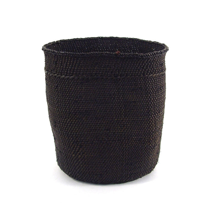 Tall dark woven basket with rounded sides and tight, textured weave