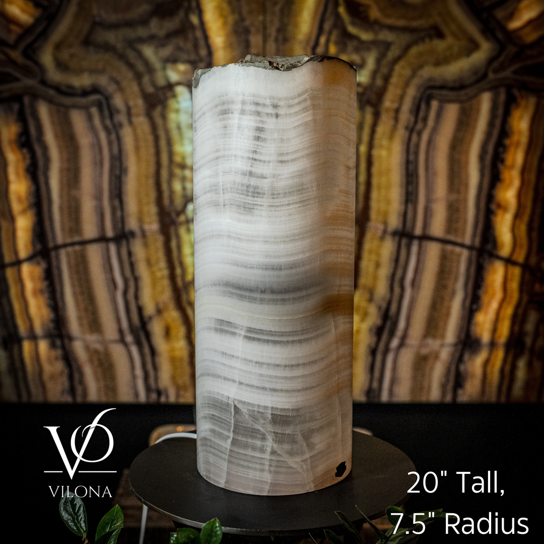 Onyx table lamp with translucent live-edge cylinder shade and black round base