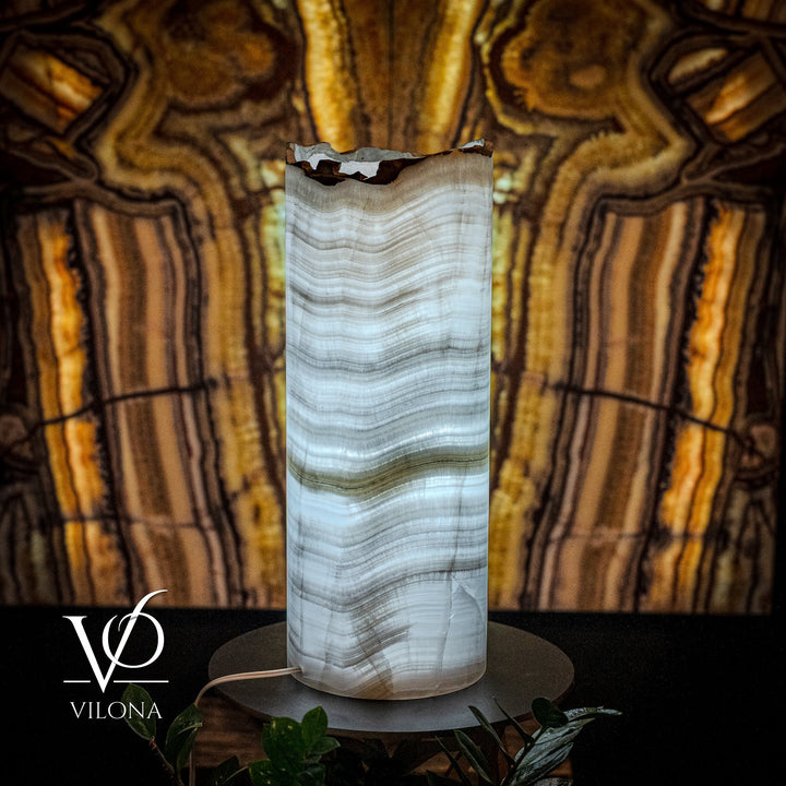 Onyx table lamp with translucent light cylinder shade and black round base