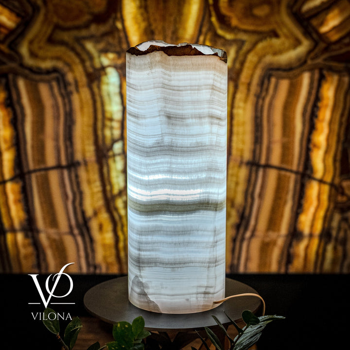 Onyx table lamp with translucent live-edge cylinder shade on black round base