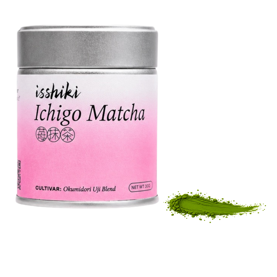 Ichigo Matcha tea powder tin with silver lid and pink label