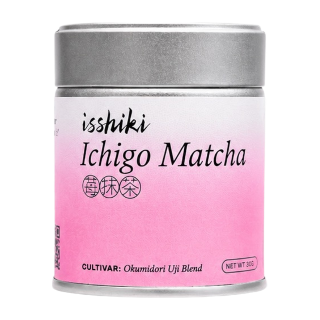 Matcha tea powder tin with silver lid, pink front label and cultivar info