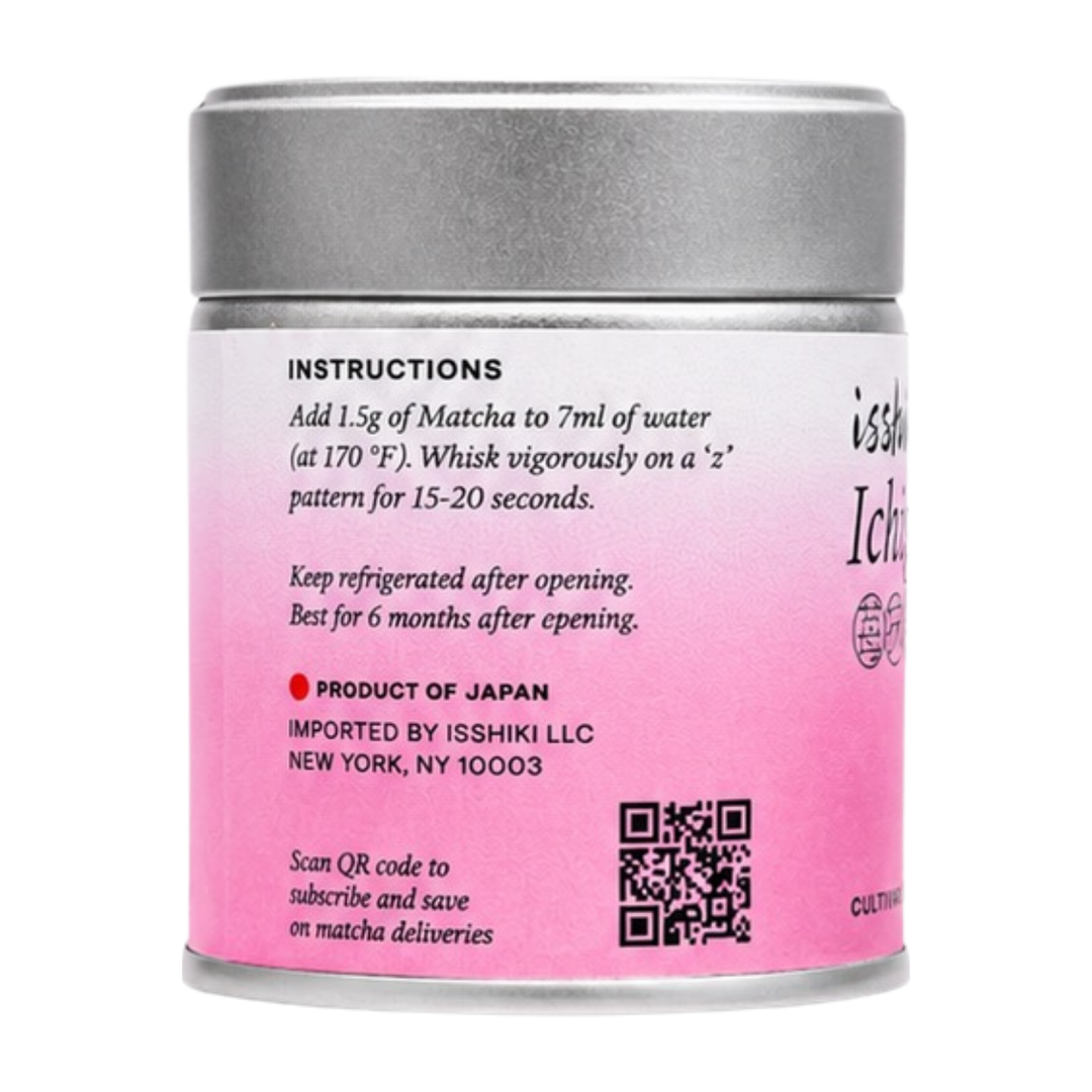 Matcha tea powder tin back with mixing instructions, refrigerate notice, and QR code