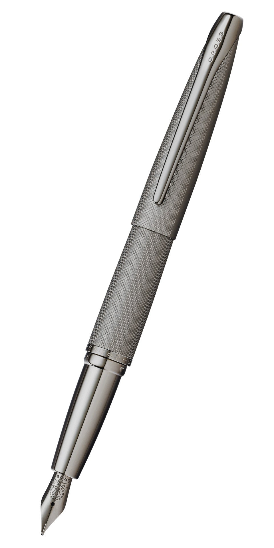 Gray titanium-finish fountain pen with medium nib, textured grip, and metal clip